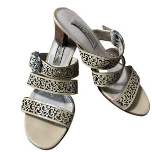 Brighton Cream Patent Leather cut out Strappy Heels with Silver Brighton buckle